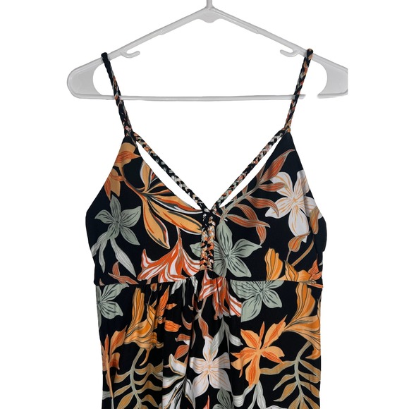 Derek Heart Womens Floral High Low Midi Dress Black Orange Tropical Size L - Picture 2 of 9